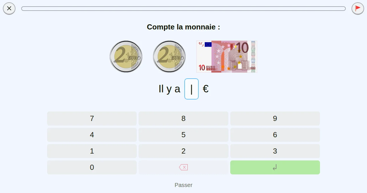 Capture d'écran d'un exercice sur la monnaie