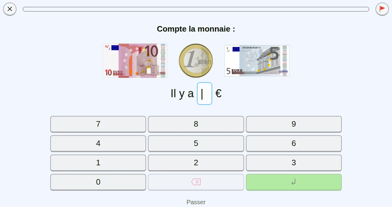 Capture d'écran d'un exercice sur la monnaie