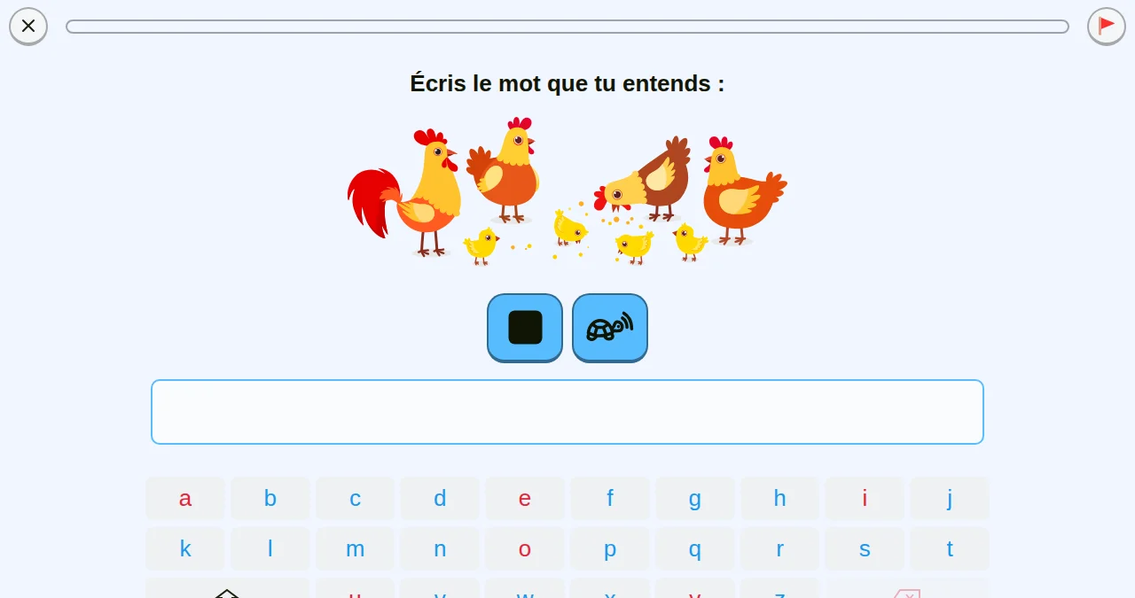 Capture d'écran d'un exercice de dictée de mot avec clavier visuel