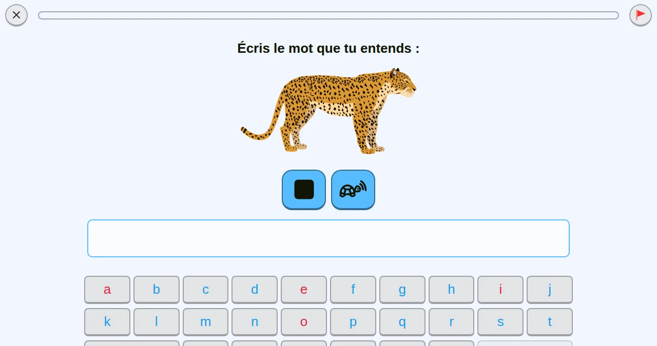 Capture d'écran d'un exercice de dictée de mot avec clavier visuel