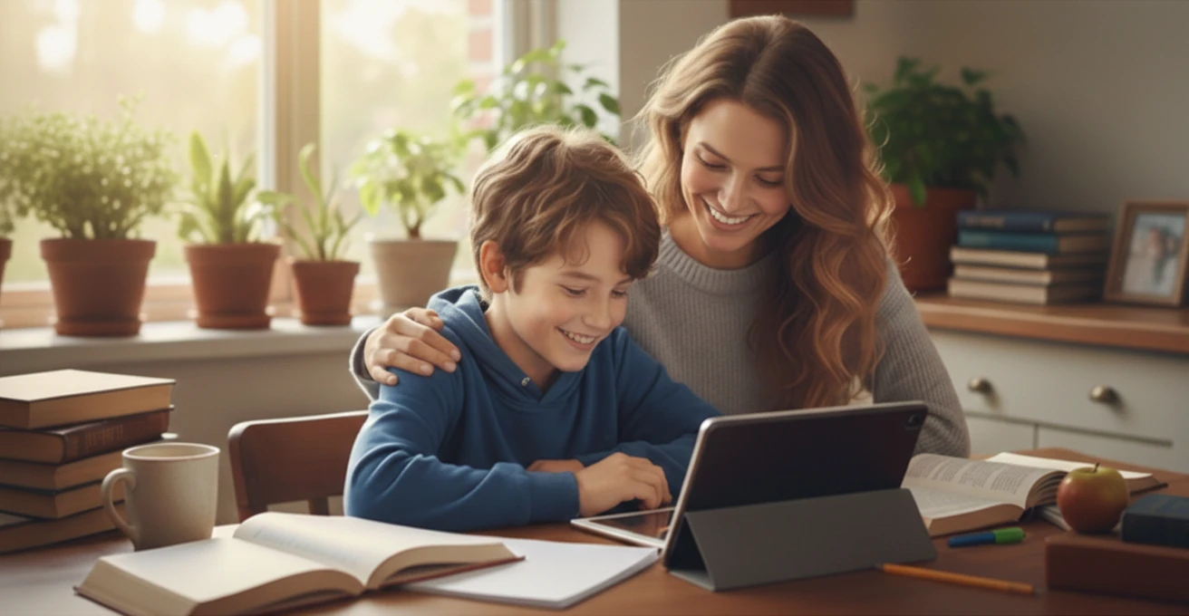 Une maman et son enfant souriant derrière une tablette