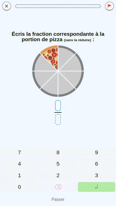 Capture d'écran d'un exercice sur l'apprentissage des fractions avec des parts de pizza