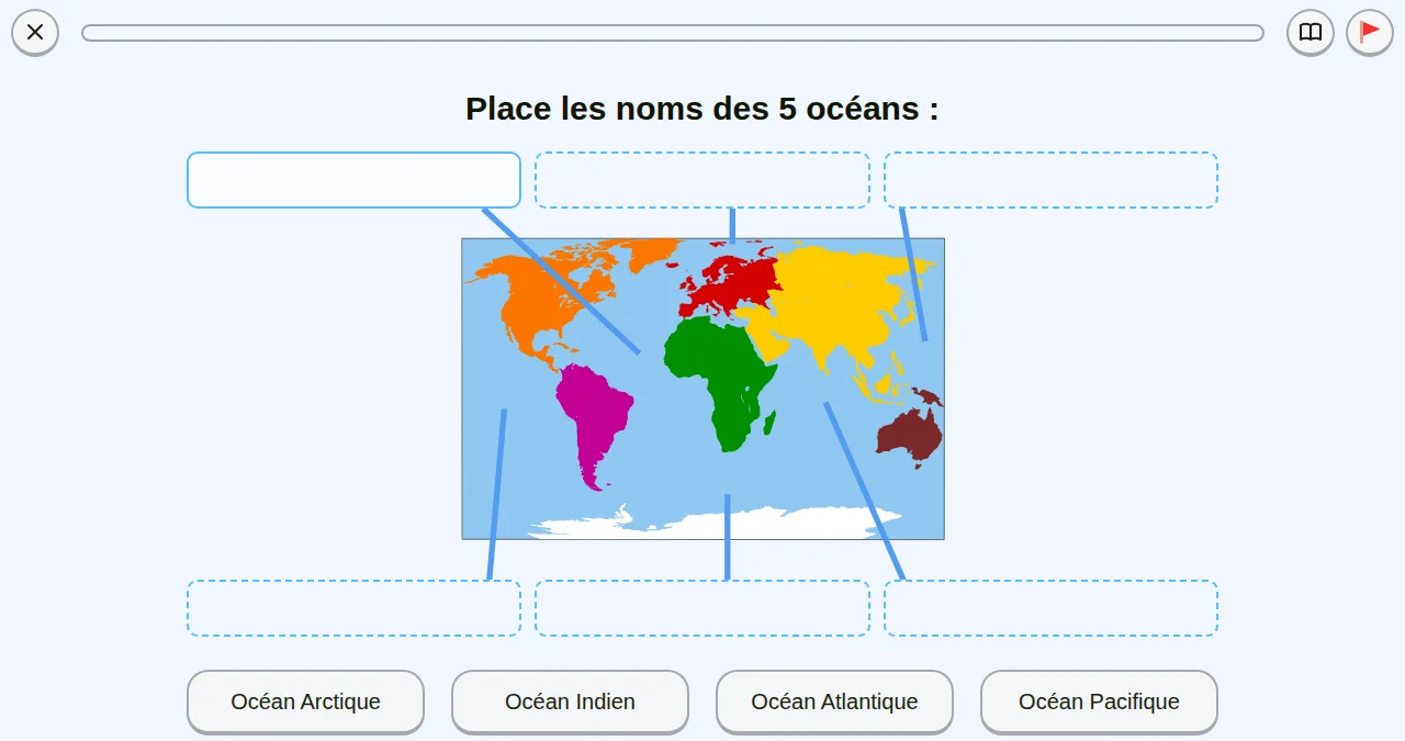 Capture d'écran d'un exercice de géographie sur les océans